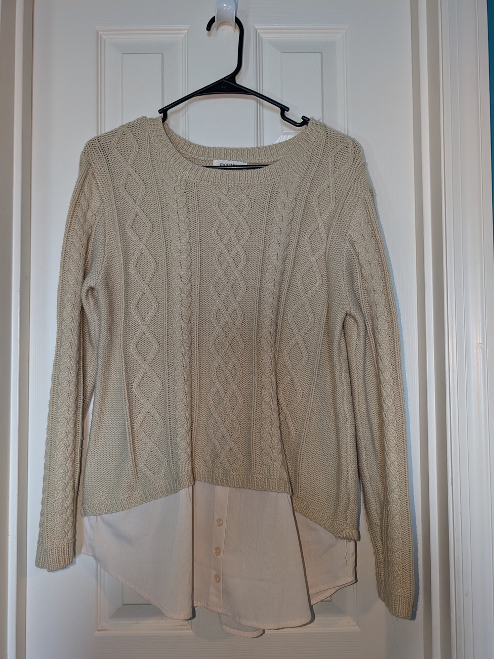 Monteau Cream Cable-Knit Sweater with Shirt Hem